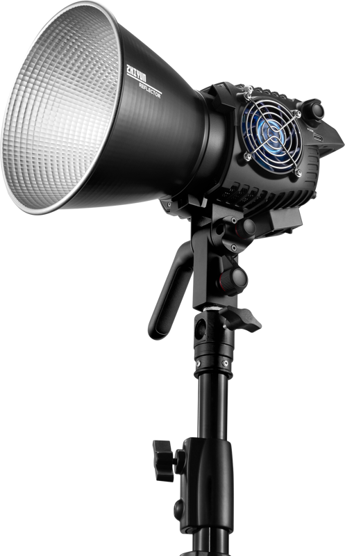 Zhiyun LED Molus B200 Cob Light -LED-valo on ammattikäyttöön tarkoitettu studion LED-videovalaisin, jossa on suuri heijastin, musta säädettävä jalusta ja näkyvä takaosan jäähdytystuuletin.