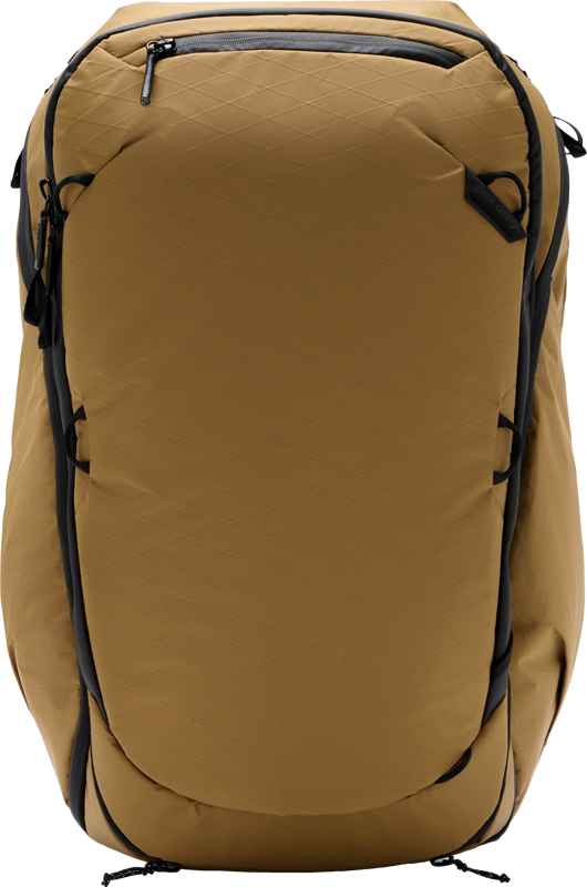 The Peak Design Travel Backpack 45L Camera Backpack, Brown is a large brown backpack with black zippers and accents and features a modern design, multiple compartments and sturdy stitching, shown vertically on a white background.