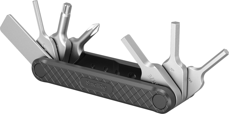 The SmallRig 4681 Folding Multi-Tool Kit (black) is a compact multi-tool with a black textured handle, SmallRig branding, and several folding metal hex keys and screwdrivers in various shapes and sizes.