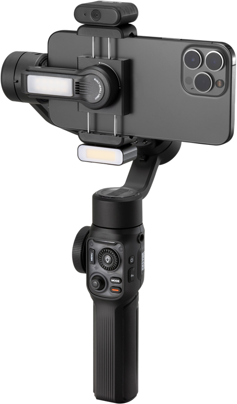 Zhiyun Mobile Gimbal Smooth 5S AI Pro, musta, pitää sisällään älypuhelimen, jossa on kolme takakameraa, ja siinä on useita ohjauspainikkeita, joystick ja pienet sisäänrakennetut LED-valot puhelimen pidikkeen ylä- ja alapuolella.