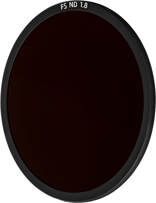NiSi Cine Filter FS ND 1.8 (6 Stop) for Athena PL-Mount Lenses -harmaasuodin on pyöreä, tummaksi sävytetty linssisuodin, jonka mustassa reunassa on valkoinen FS ND 1.8 -teksti, kuvassa tavallista taustaa vasten.