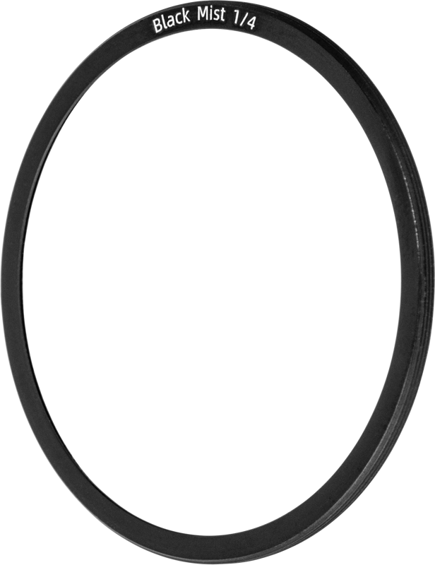 Thin, round NiSi Cine filter Black Mist 1/4 for Athena PL-Mount lenses The diffusion filter is visible against a white background, with "Black Mist 1/4" marked on the top of the black filter.