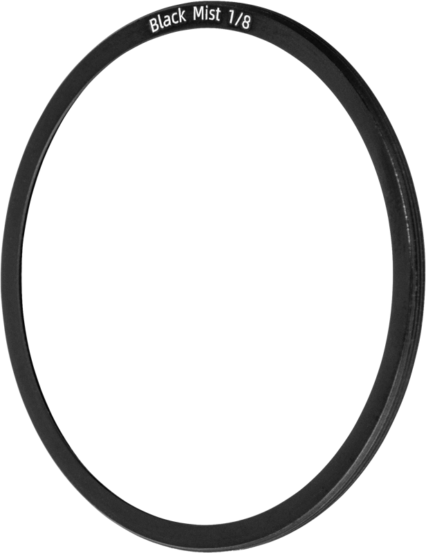 The NiSi Cine Filter Black Mist 1/8 for Athena PL-Mount Lenses is a circular black camera lens filter with "Black Mist 1/8" marked on the thin edge against a light background.