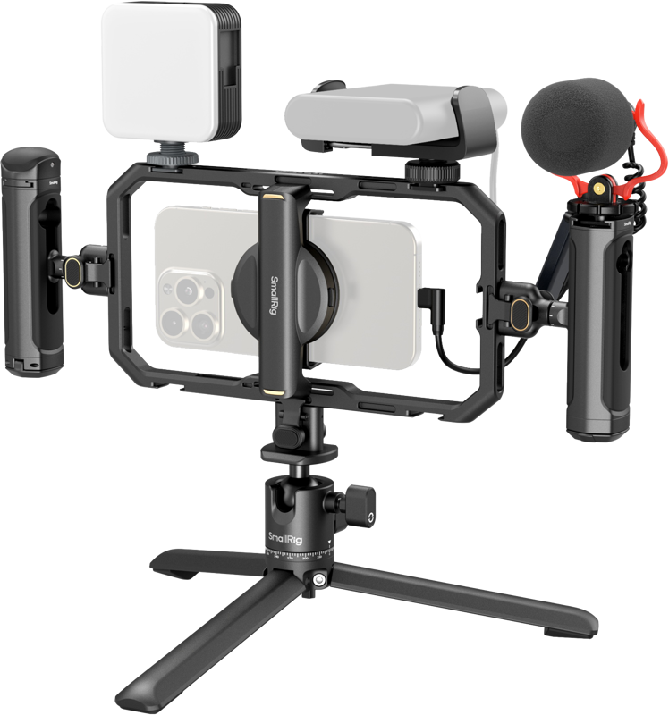 SmallRig 4704 All-in-One Video Kit for Smartphone Creators Quick Pro Edition sisältää pieneen jalustaan asennetun, mobiilikuvaukseen tarkoitetun jalustan, jossa on kahvat, mikrofoni, LED-valo ja muita tarvikkeita.