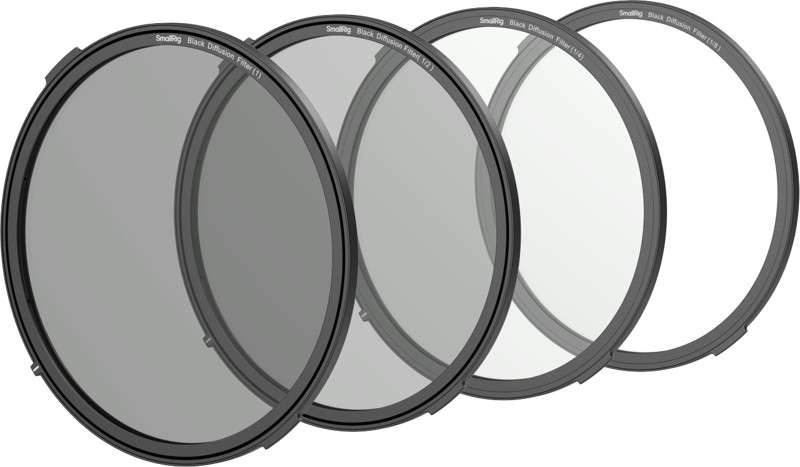 SmallRig 4650 Black Diffusion Filter Kit sisältää neljä pyöreää suodatinta, jotka ovat peräkkäin ja joiden läpinäkyvyys vaihtelee tummasta vaaleaan, jotta valon vähennystasot näkyisivät eri tavoin. Suodattimien nimet on merkitty reunoilla.