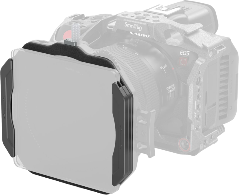 Camera with SmallRig 4654 filter support - a large square filter holder with side brackets - attached to the lens, and a durable SmallRig-branded cage for additional protection and attachment of accessories.