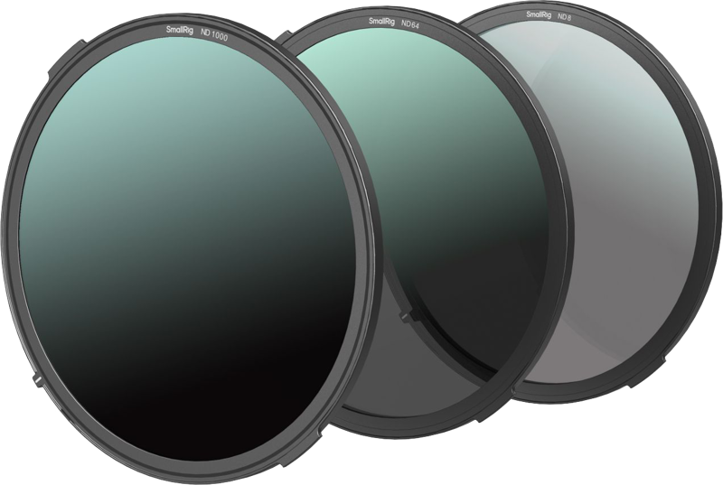 Three overlapping circular lens filters with gradient tint, marked ND1.8(64), ND0.9(8) and ND0.3(2), from the SmallRig 4799 Neutral Density Filter Kit, on a white background.