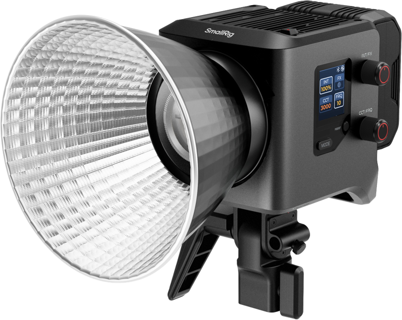 The SmallRig 4621 RC 220B Pro COB LED video light is a professional studio LED light with silver reflector, digital power and colour temperature display, control knobs and bracket. The SmallRig branding appears on the top.