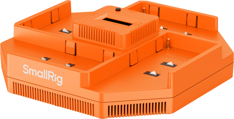 SmallRig 4837 4-kanavainen kameran akkulaturi NP-F on oranssi elektroninen laite, jossa on valkoinen teksti.