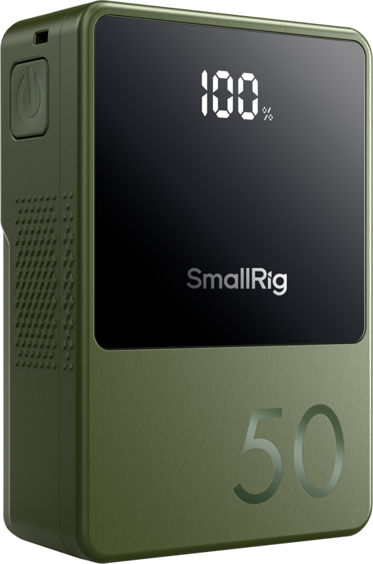 SmallRig 4872 V-Mount Battery Mini VB50 (vihreä) -akussa on digitaalinen näyttö, jossa näkyy 100 %, sivussa oleva virtapainike ja oikeaan alakulmaan painettu "50".