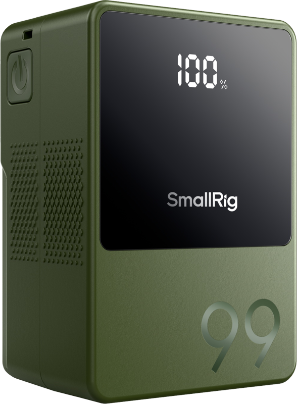 SmallRig 4930 V-Mount Battery Mini VB99 (vihreä) -akussa on sivussa virtanäppäin ja edessä digitaalinen näyttö, jossa näkyy 100 % ja "99".