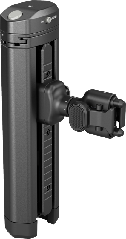 SmallRig 4841 Rotatable Bilateral Quick Release Side Handle with Wireless Control/M.2 SSD Enclosure on musta, pystysuora laite, jossa on säädettävä varsi, jossa on iOS/Android-painikkeet ja pyöreä lukitusmekanismi.