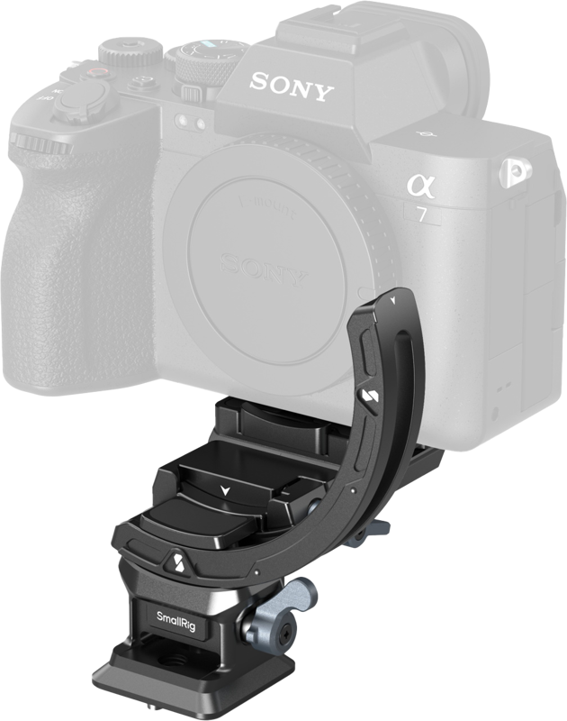 The picture shows a Sony Alpha 7 camera with the SmallRig 4349 Horizontal-Vertical Mount Plate Kit for Mirrorless Cameras attached to the tripod, so that the mount is visible in front of the semi-transparent camera body.