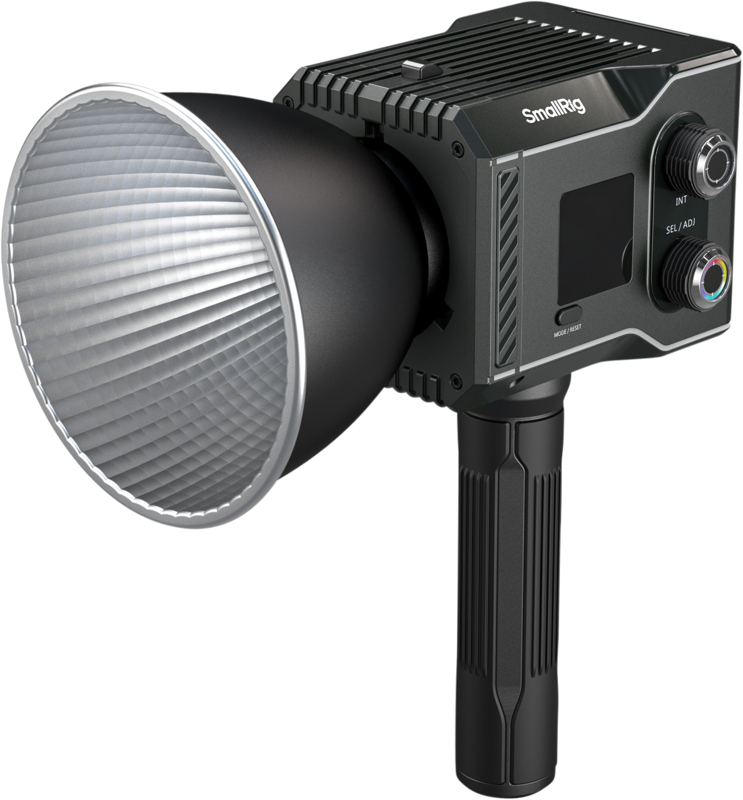 The SmallRig 4810 RC 60C RGB LED Video Light with Powerbank Clamp Edition is a handheld LED light with a large reflector, control panel, buttons, handle and branding on the side.