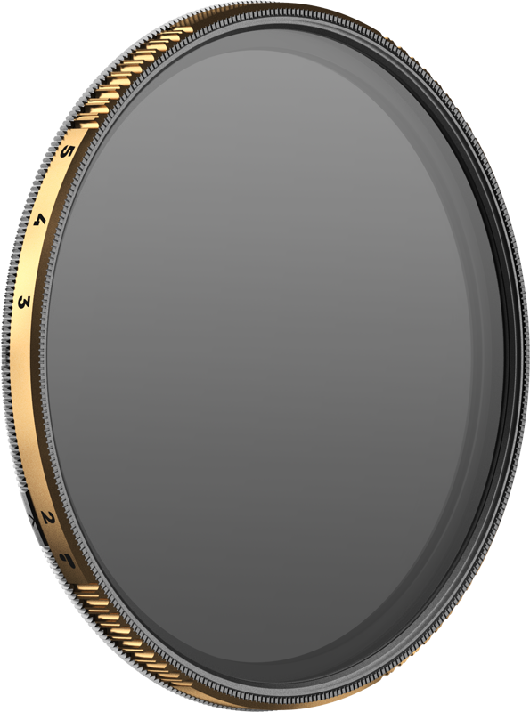 Close-up of the PolarPro PMVND / Black Mist 2-5 Stop Edition II 95mm filter with gold and black adjustable rim marked 1-5 and transparent, slightly tinted glass.