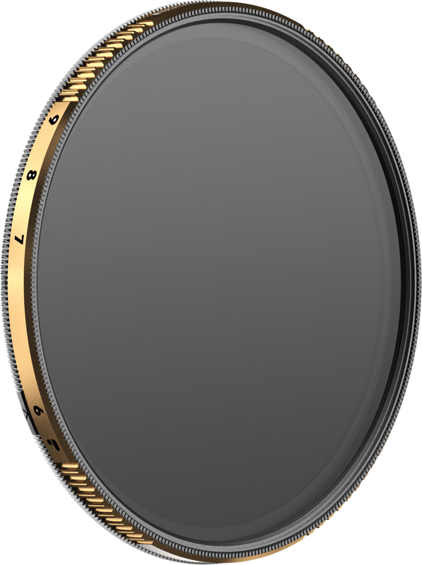 The PolarPro PMVND / Black Mist 6-9 Stop Edition II 95mm is a circular camera lens filter with a gold and black adjustable ring, featuring the numerals 6-9 on the tinted edge against a light background.