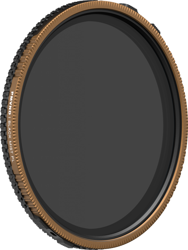 PolarPro Croma PMVND / PL / Black Mist 2-5 Stop The 49 mm round camera lens filter with textured black and bronze edge is visible against a white background.