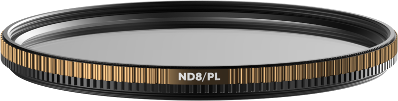 The PolarPro Quartzline ND8 (3 Stop) / Polarising Filter 67mm grey filter is shown with a black ring with gold coloured textured stripes around the edge, on a light background.