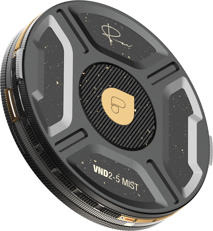 PolarPro Helix 2-5 Stop PMVND / Mist -suodattimessa on musta ja kultainen muotoilu, jossa on keskeinen tuotemerkin logo, "VND 2-5 MIST" -teksti, allekirjoitus yläosassa sekä kultaisia pilkkuja ja kuvioituja pintatietoja.