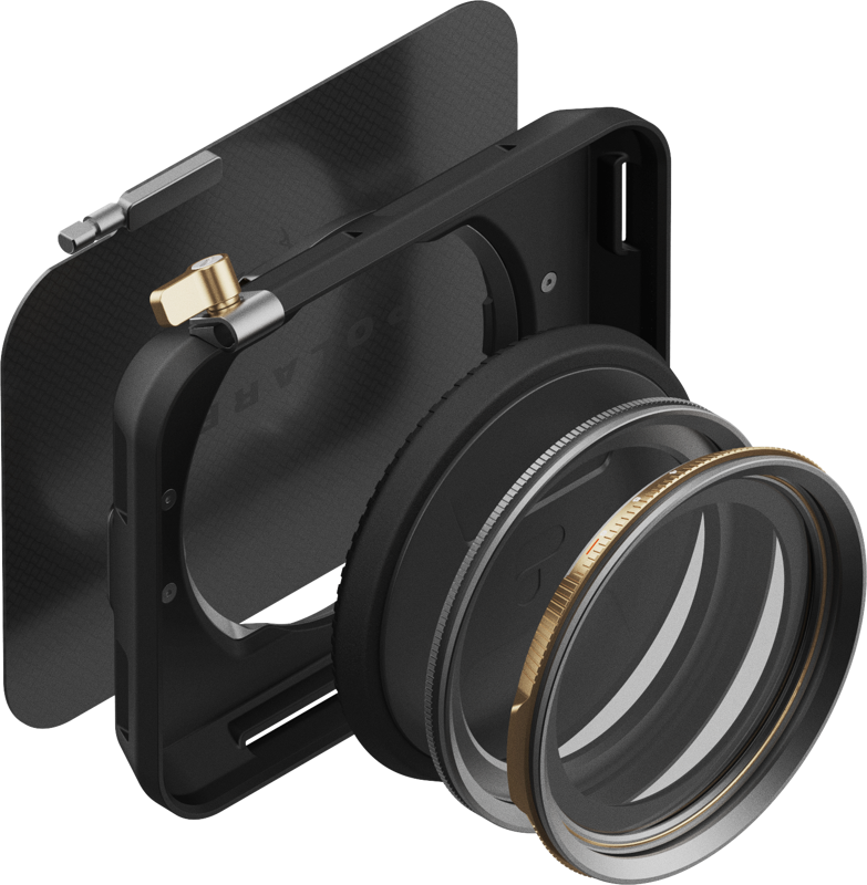 PolarPro Recon VND / PL Matte Box Base Kitin räjähdysnäkymä näyttää sen osat: objektiivi, ympyräsuodatin, kiinnityskehys ja suorakulmainen huppu, jotka on kohdistettu kokoonpanoa varten.