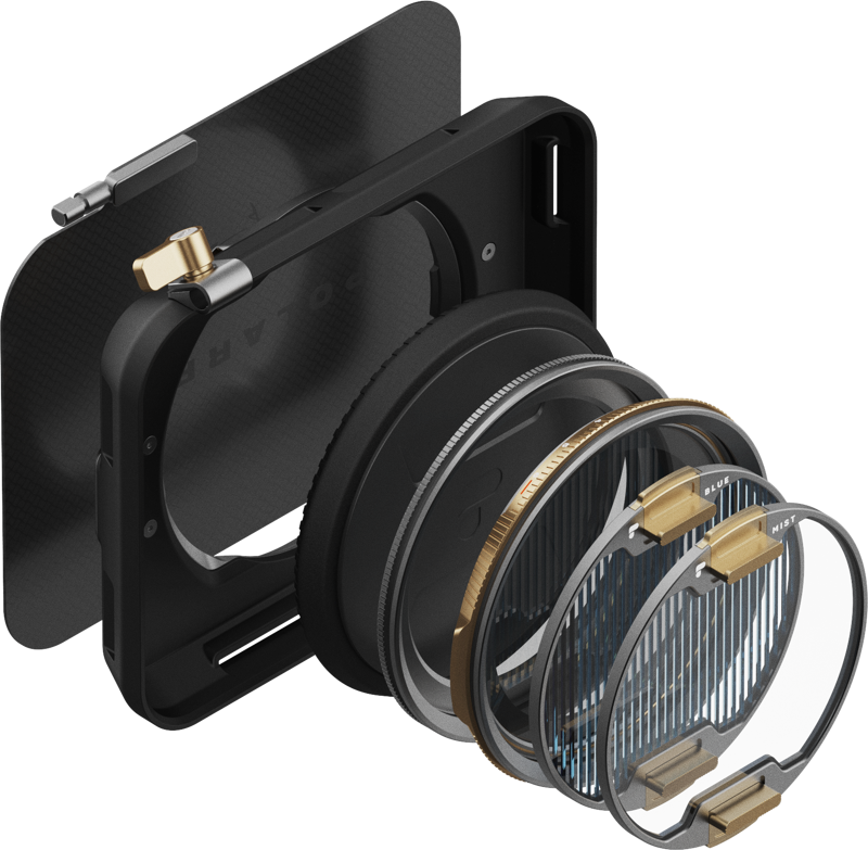 PolarPro Recon VND / PL Matte Box Directors Kitin räjähdysnäkymä näyttää suorakulmaisen kehyksen, pyöreän kiinnikkeen ja useita pyöreitä suodattimia ja renkaita, jotka korostavat jokaista komponenttia ja niiden kokoamista.