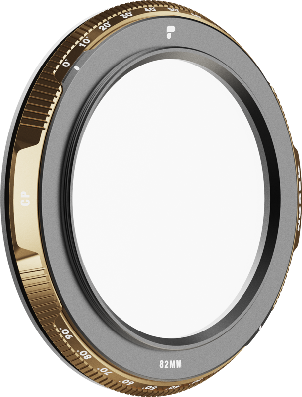 PolarPro Recon Circular Polarizer CP Stage 1 Filter -pyöröpolarisaatiosuodin lähikuvassa näkyy kultainen ja musta muotoilu, mittausmerkinnät, kuten "82MM" ja "CP", ja harjakuvioitu reuna, joka ympäröi kirkasta keskustaa.