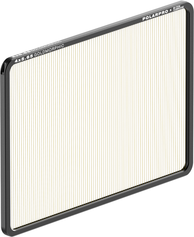 PolarPro 4x5.65" GoldMorphic Filter on suorakulmainen kamerasuodatin, jonka läpinäkyvässä pinnassa on musta reunus ja hienoja kultaisia pystyviivoja valkoista taustaa vasten.