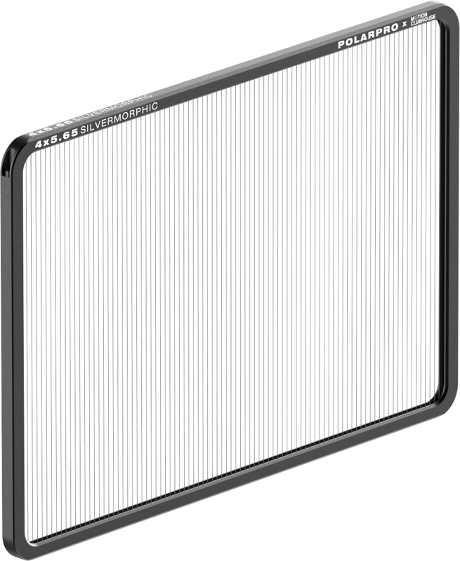 PolarPro 4x5,65" Silvermorphic Filter, jossa on ohuet pystysuorat viivat mustassa suorakulmaisessa kehyksessä, näkyy valkoista taustaa vasten.