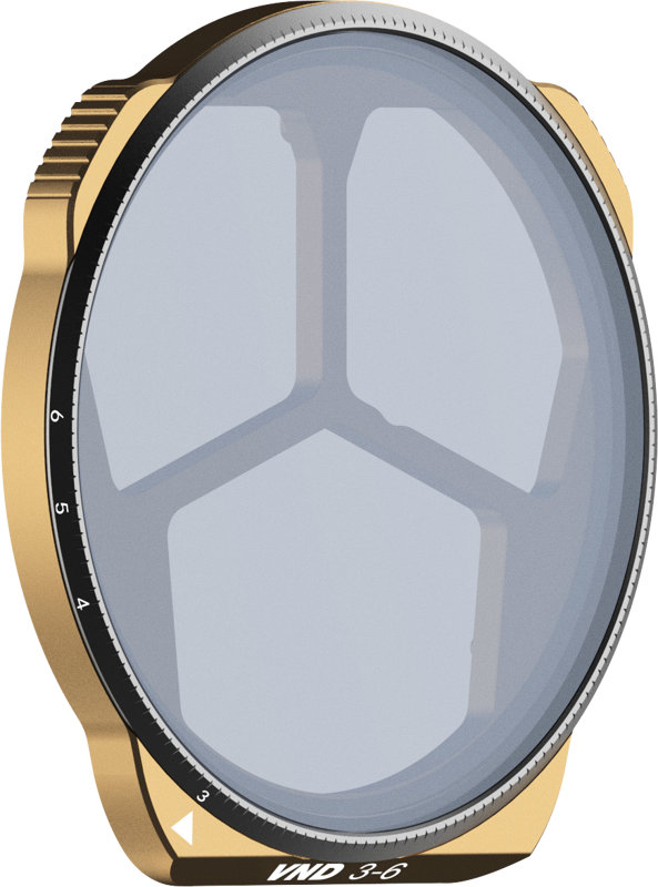The PolarPro DJI Mavic 3 Pro 3-6 Stop VND filter features a gold-rimmed circular design, a variable neutral density scale marked "VND 3-6", and a unique three-piece internal structure that is visible through the glass.
