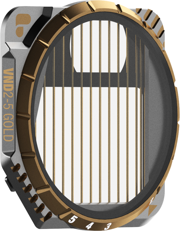 PolarPro DJI Mavic 3 VND 2-5 GoldMorphic is a metal, round camera lens filter with gold accents, numerical markings, vertical gold lines in the center and a geometric design on its outer frame.
