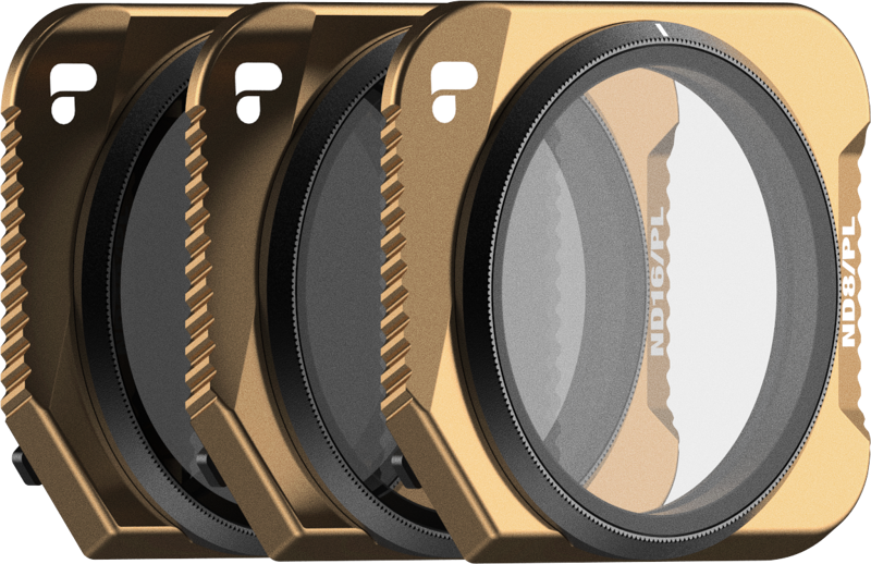 Three gold-edged PolarPro DJI Mavic 3 Classic Vivid Collection filters (ND8/PL, ND16/PL, ND32/PL) with a transparent glass centre and brushed square frame are arranged in a staggered row with engraved markings.