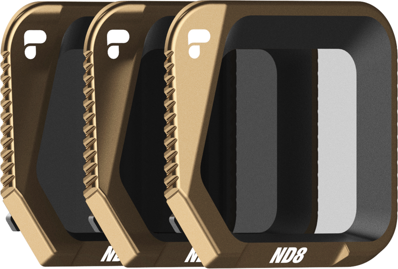 Three PolarPro DJI Mavic 3 Classic Shutter Collection ND8 camera lens filters with metallic gold frames are arranged in a row, slightly overlapping. Each has a textured edge and a dark tinted glass center.