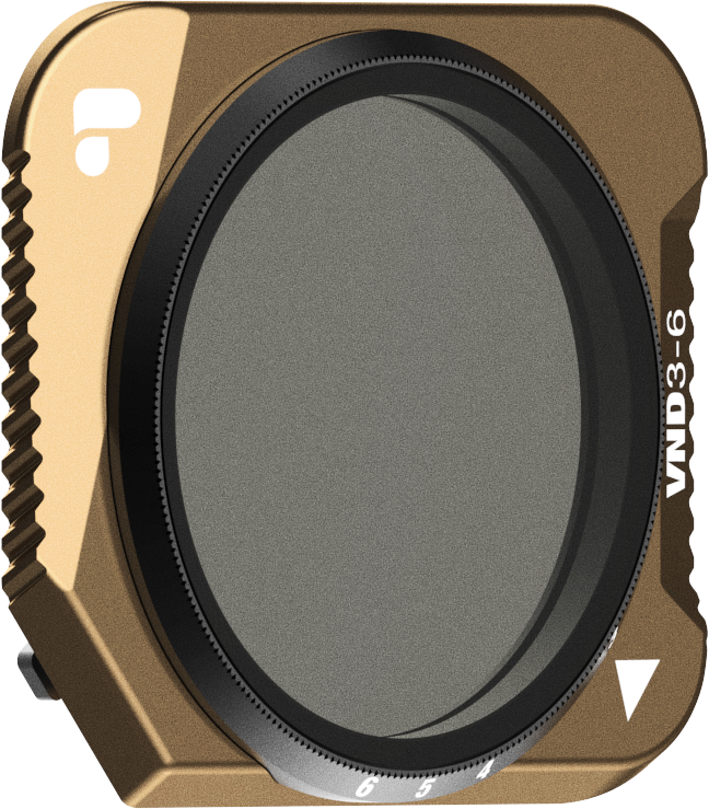 The PolarPro DJI Mavic 3 Classic 3-6 Stop VND filter features a gold and black design, textured edge for grip, small white arrow and logo in the upper left corner.