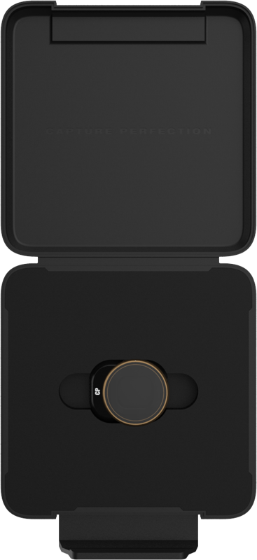 A black rectangular case that opens to reveal the PolarPro DJI Mini 4 Pro Circular Polarizer CPL - a small, circular filter with gold trim and black centre button - safely housed in a moulded interior.