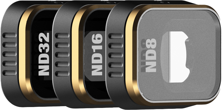 Three PolarPro DJI Mini 3 Pro Shutter Collection lens filters - ND32, ND16 and ND8 - with black frames and gold edges - are lined up side by side.