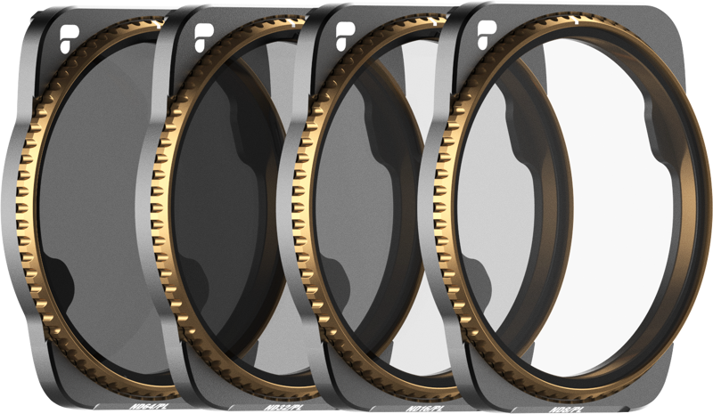Four PolarPro DJI Air 3 Vivid Collection camera lens filters with gold frames and black frames are lined up diagonally from the darkest on the left to the almost bright on the right.