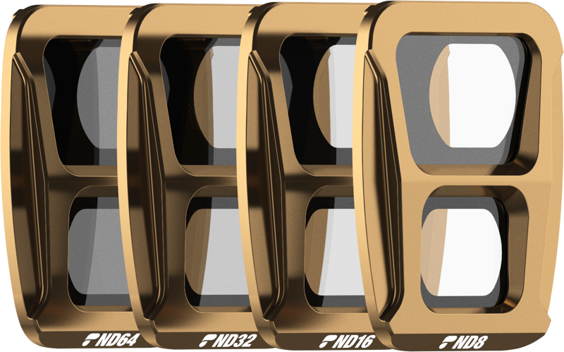 The four gold-framed lens filters in the PolarPro DJI Air 3 Shutter Collection - ND64, ND32, ND16 and ND8 - are arranged in a partially overlapping row against a plain background.