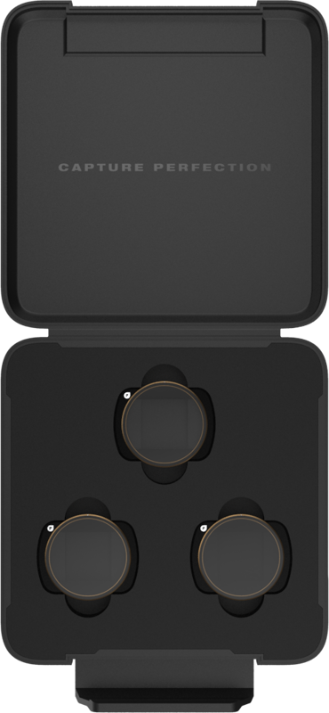 The PolarPro DJI Osmo Pocket 3 Vivid Collection features a black case with a CAPTURE PERFECTION label on the inside of the lid, which holds three gold-coloured, circular camera lens filters, each attached to its own slot.