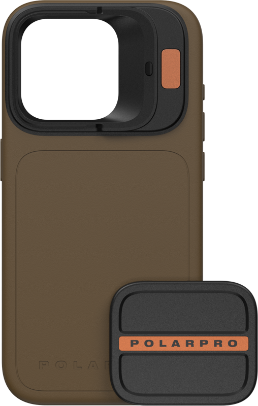 The brown PolarPro Litechaser iPhone 15 Pro Max Case - Desert features a large square camera aperture, an orange accented button and comes with a matching removable accessory with PolarPro branding.