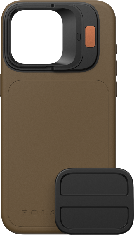 The PolarPro Litechaser iPhone 15 Pro Case - Desert is a brown case with a large black camera cover with an orange button, and a separate black rectangular accessory on the front.