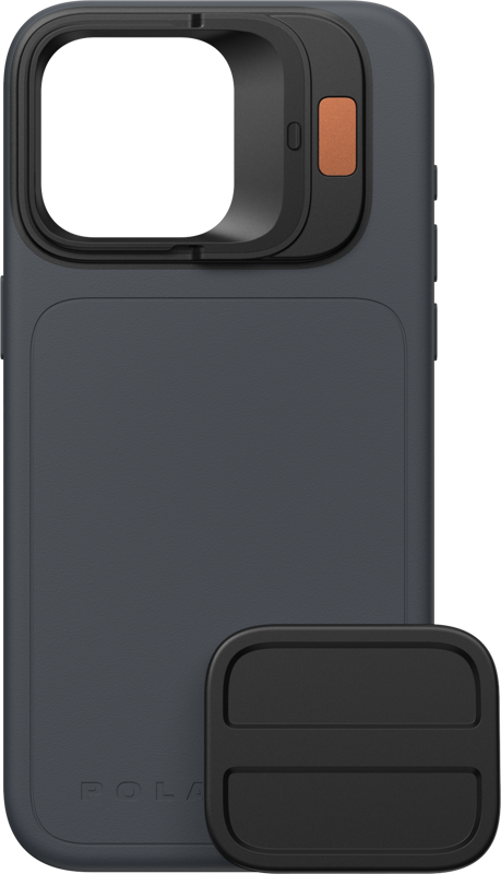 PolarPro Litechaser iPhone 15 Pro Case - Ocean is a dark grey case with a raised square camera guard, an orange button near the camera and a matching rectangular accessory on the front.