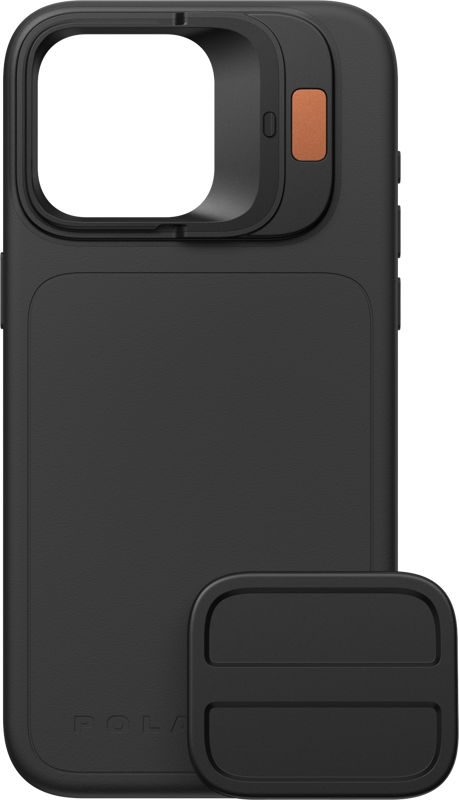 The PolarPro Litechaser iPhone 15 Pro case in black features a square camera cover with a small orange button and a matching black accessory placed in front of the case.