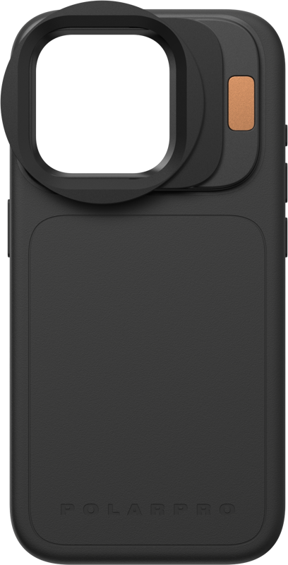 PolarPro Litechaser iPhone 15 LCP13/14 -suodatinsovitin on musta kotelo, jossa on suuri neliönmuotoinen kameran aukko, pieni kultainen painike oikeassa yläkulmassa, minimalistinen muotoilu ja "PolarPro" kohokuvio alareunassa.