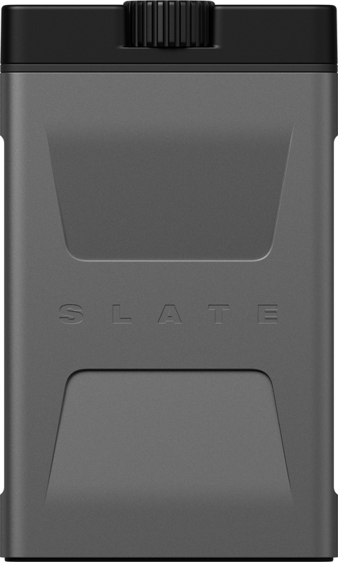 The grey, rectangular PolarPro memory card case Slate CFEA Edition II Mountain has a textured surface, a black top cap and the word SLATE embossed on the front.
