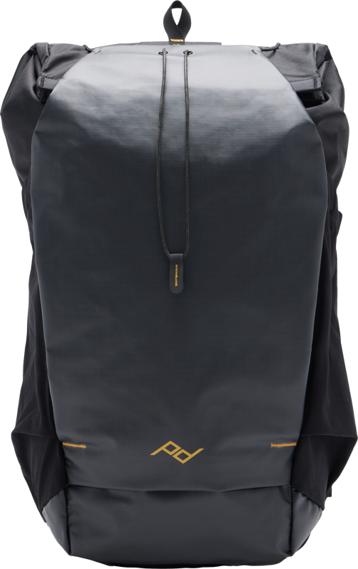 The Peak Design Outdoor Backpack 25L - Black is a sleek, minimalist bag with a foldable top, front zip closure and a small gold geometric logo on the front. Its smooth, water-resistant material adds durability and style.