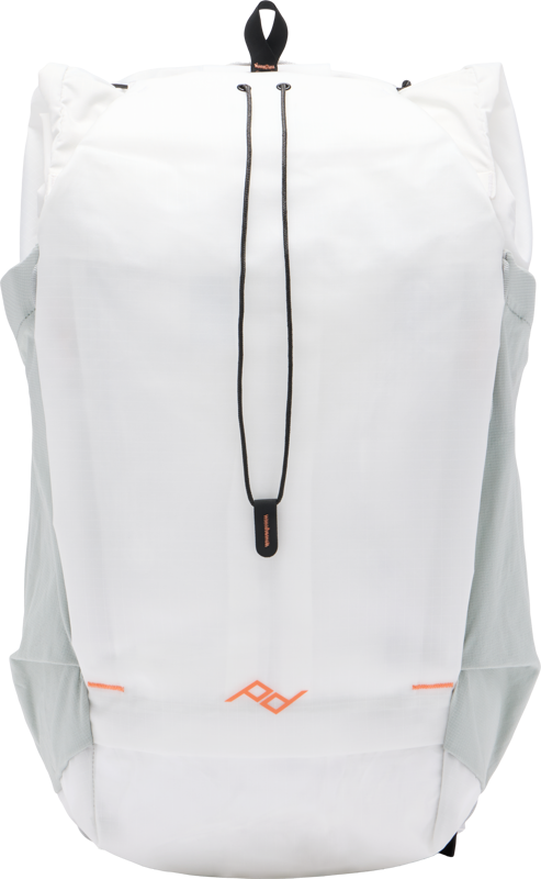 The Peak Design Outdoor Backpack 25L - Cloud features a white body with grey side panels, an orange logo near the bottom, a black drawstring front and a minimalist modern design.