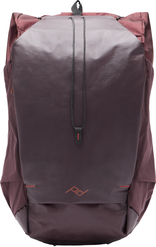 The Peak Design Outdoor Backpack 25L - Eclipse features a brown-yellow and dark purple colour scheme with a top flap, sleek minimalist design, subtle logo at the front bottom, centre pull handle and clean lines for a modern look.