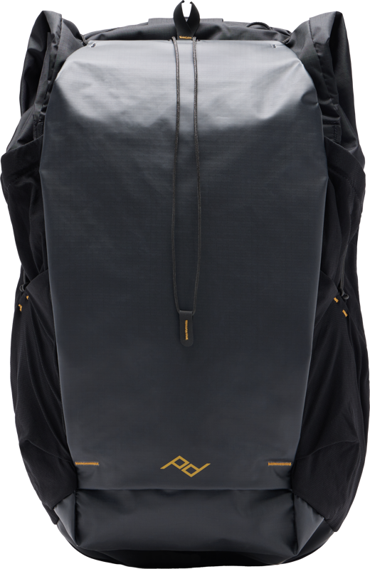 Peak Design Outdoor Backpack 45L - Black - The backpack features a large flap opening, a minimalist logo at the bottom centre, subtle gold accents, side pockets and a slightly textured, weather-resistant material.