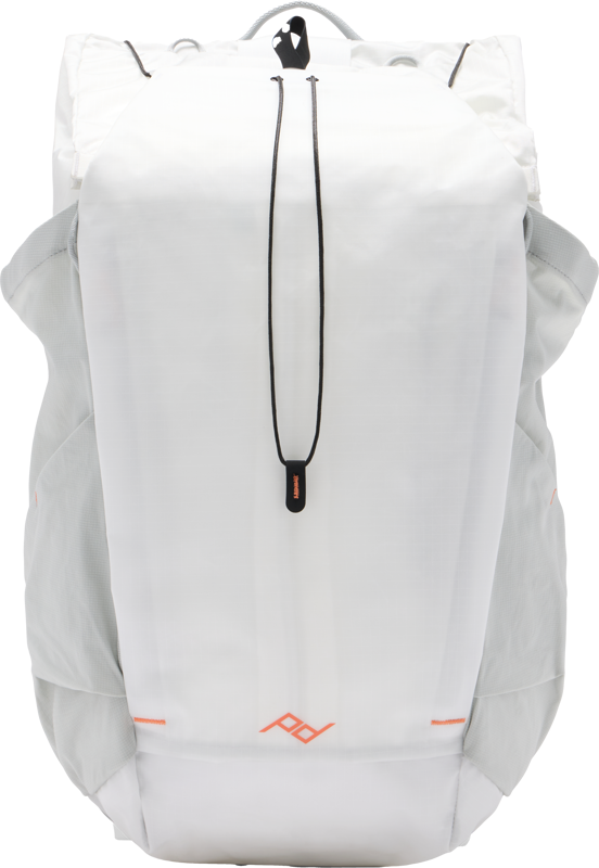 The Peak Design Outdoor Backpack 45L - Cloud is a white, minimalist backpack with light grey side pockets and black and orange accents that stand out against a monochrome background.