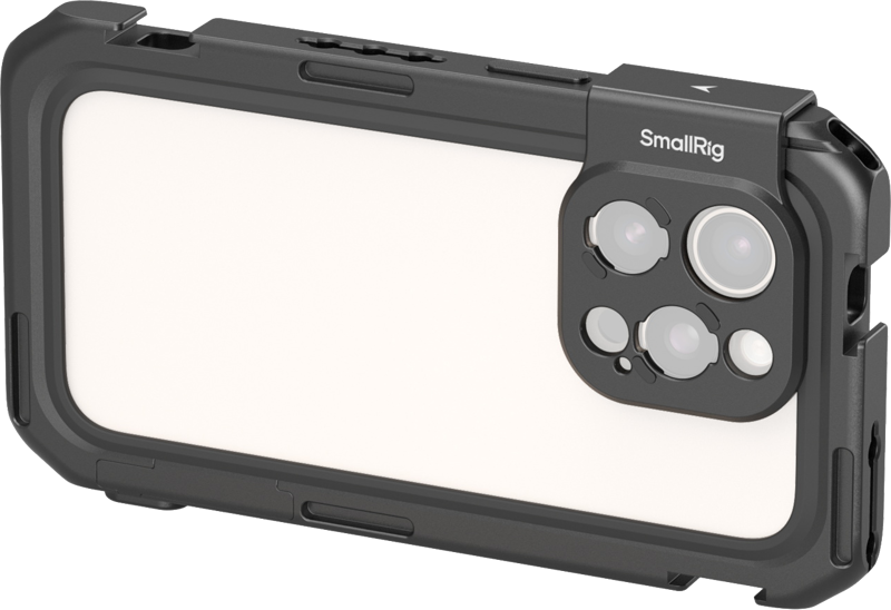 SmallRig 5008 Mobile Video Cage Basic Edition iPhone 16 Pro Max -puhelimelle on kestävä musta kotelo, jossa on vahvistettu kameramoduulin kansi ja joka tarjoaa älypuhelimellesi paremman suojan ja vakauden.
